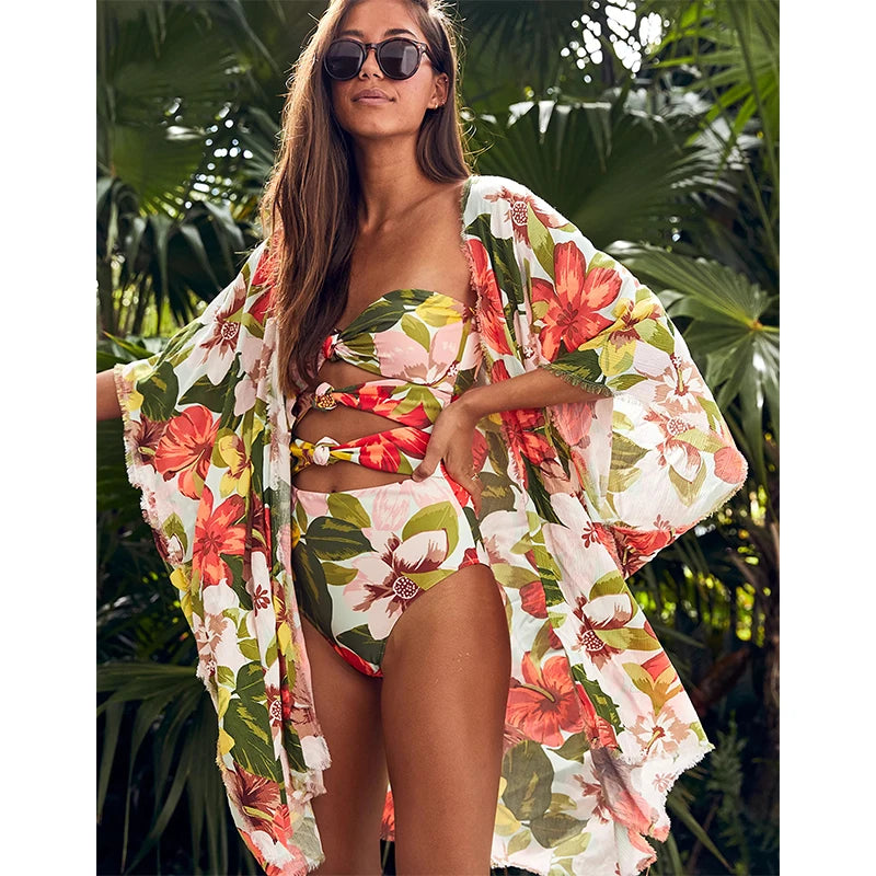 Beach Wear Print Bikini Swimwear Women Wrap Skirt Swimsuit High Waist 2025 Cover up Sexy Sarong Plage Beach Wear Bathing Suit