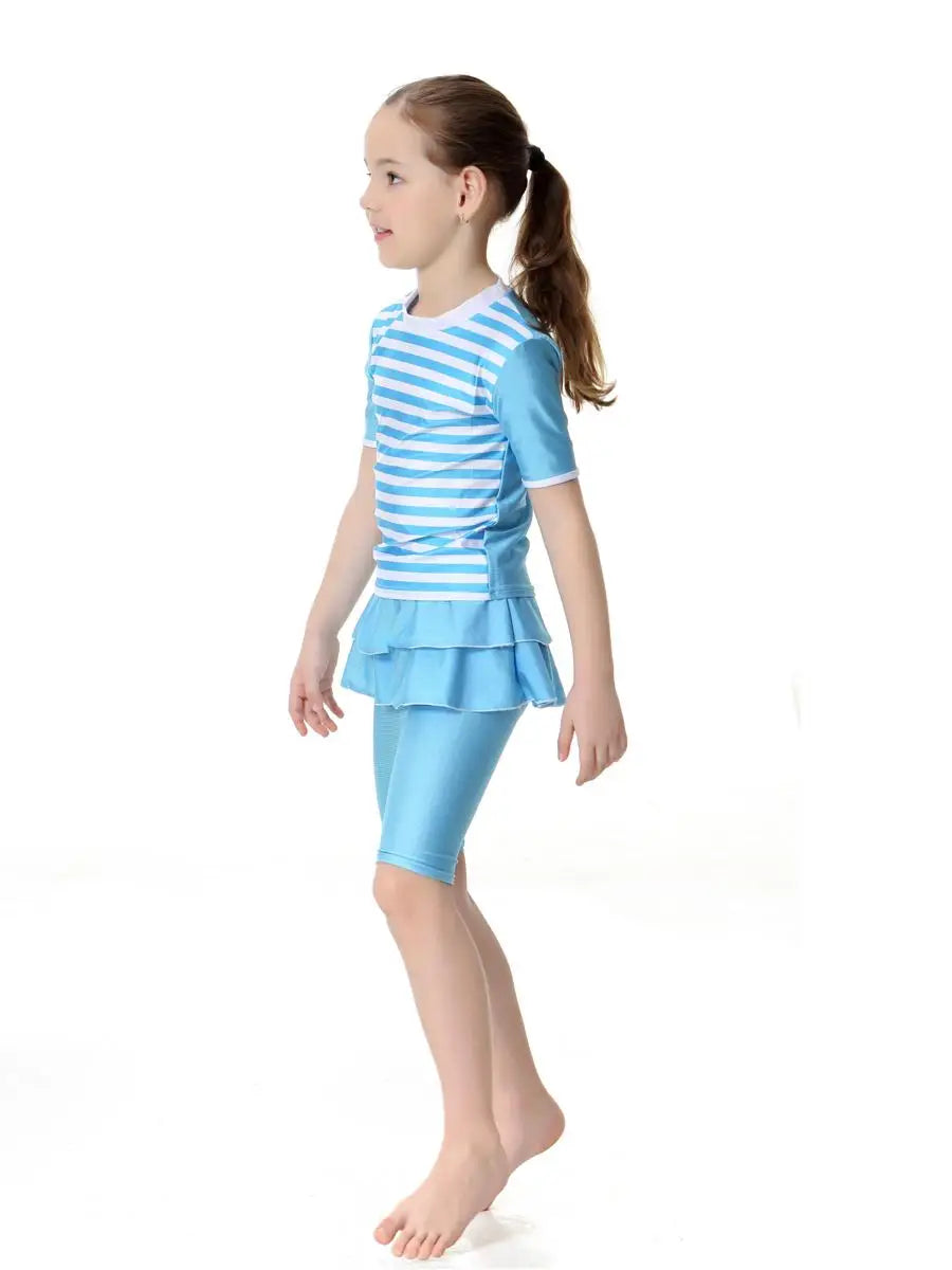 Cute Striped Swimsuit Girls Short Sleeve Kids Swimwear Muslim Arab Swimming Clothing Modest Swimwear Suits Swimwear Sets Fashion