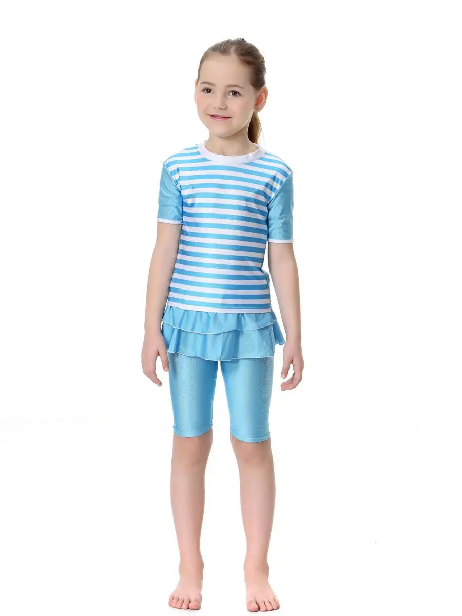 Cute Striped Swimsuit Girls Short Sleeve Kids Swimwear Muslim Arab Swimming Clothing Modest Swimwear Suits Swimwear Sets Fashion