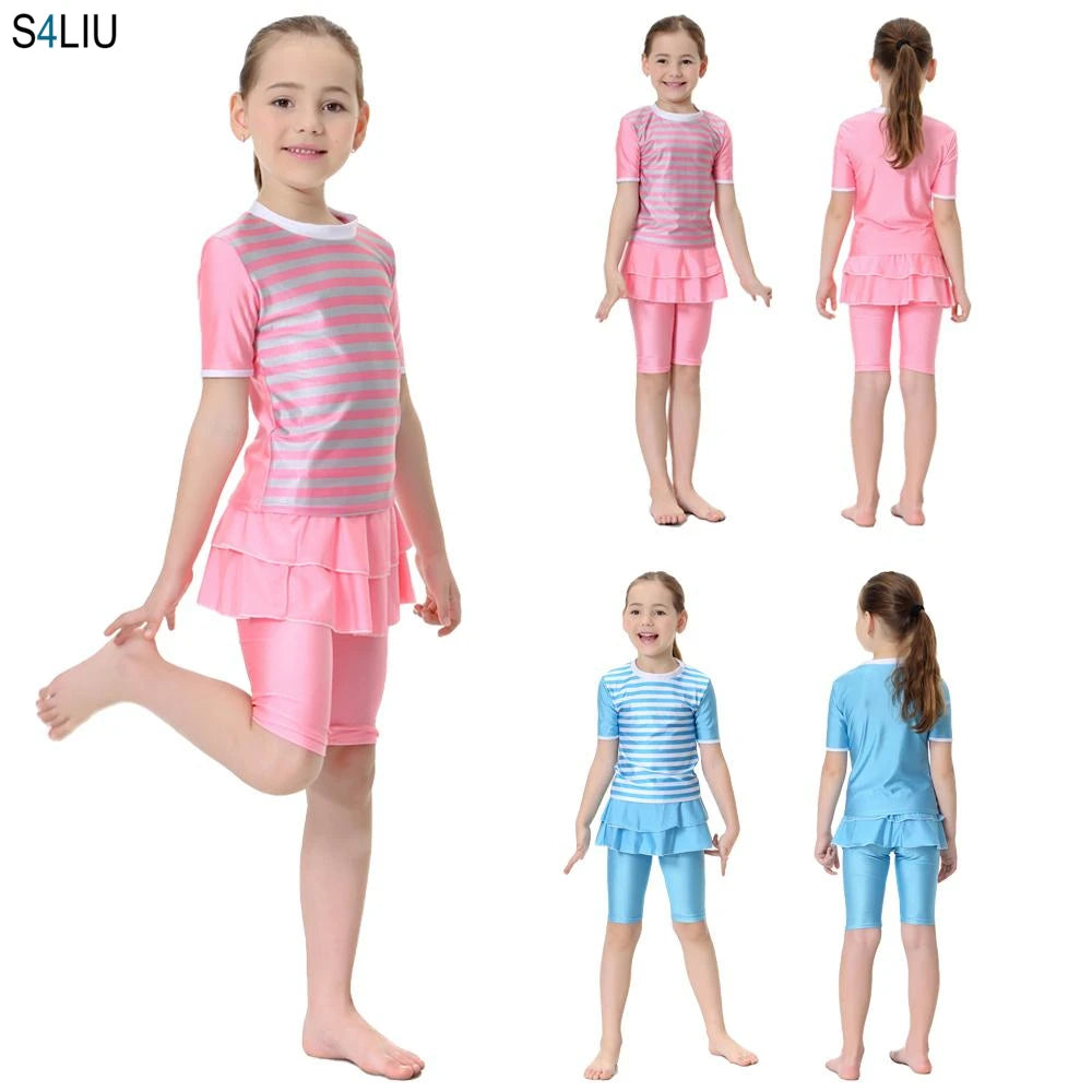 Cute Striped Swimsuit Girls Short Sleeve Kids Swimwear Muslim Arab Swimming Clothing Modest Swimwear Suits Swimwear Sets Fashion