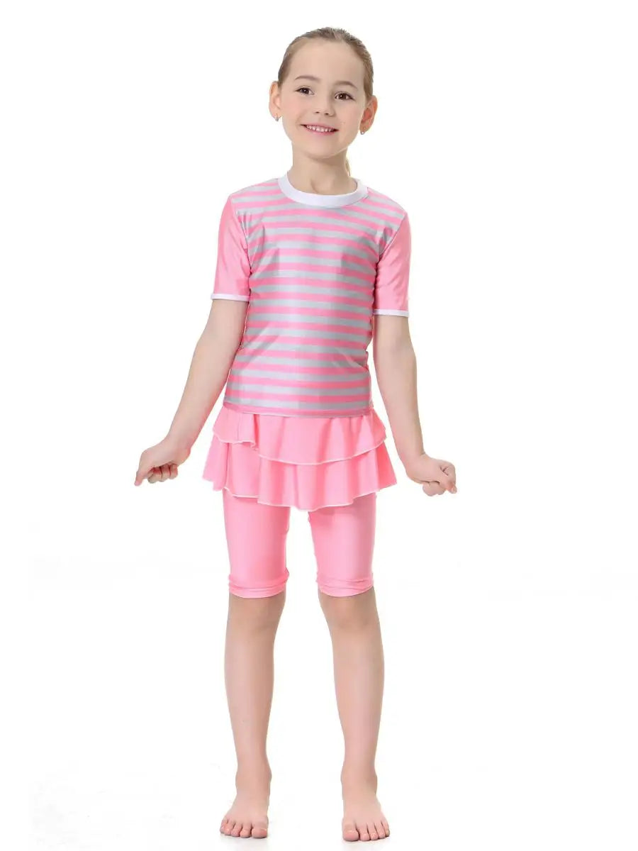 Cute Striped Swimsuit Girls Short Sleeve Kids Swimwear Muslim Arab Swimming Clothing Modest Swimwear Suits Swimwear Sets Fashion