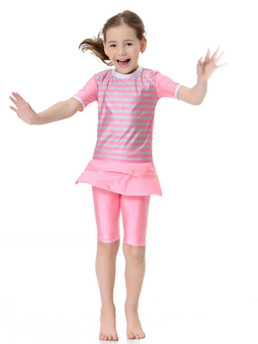 Cute Striped Swimsuit Girls Short Sleeve Kids Swimwear Muslim Arab Swimming Clothing Modest Swimwear Suits Swimwear Sets Fashion