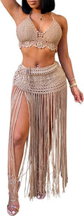 Women Crochet 2 Piece Swimsuit Dress Halter Bikini Top Hollow Tassel Irregular Midi Skirt Set See through Cover up Khaki M